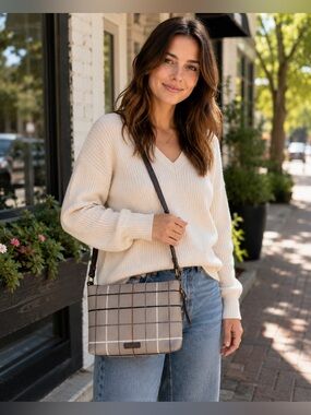 Fossil Plaid Crossbody Bag Neutral Taupe Brown Adjustable Strap